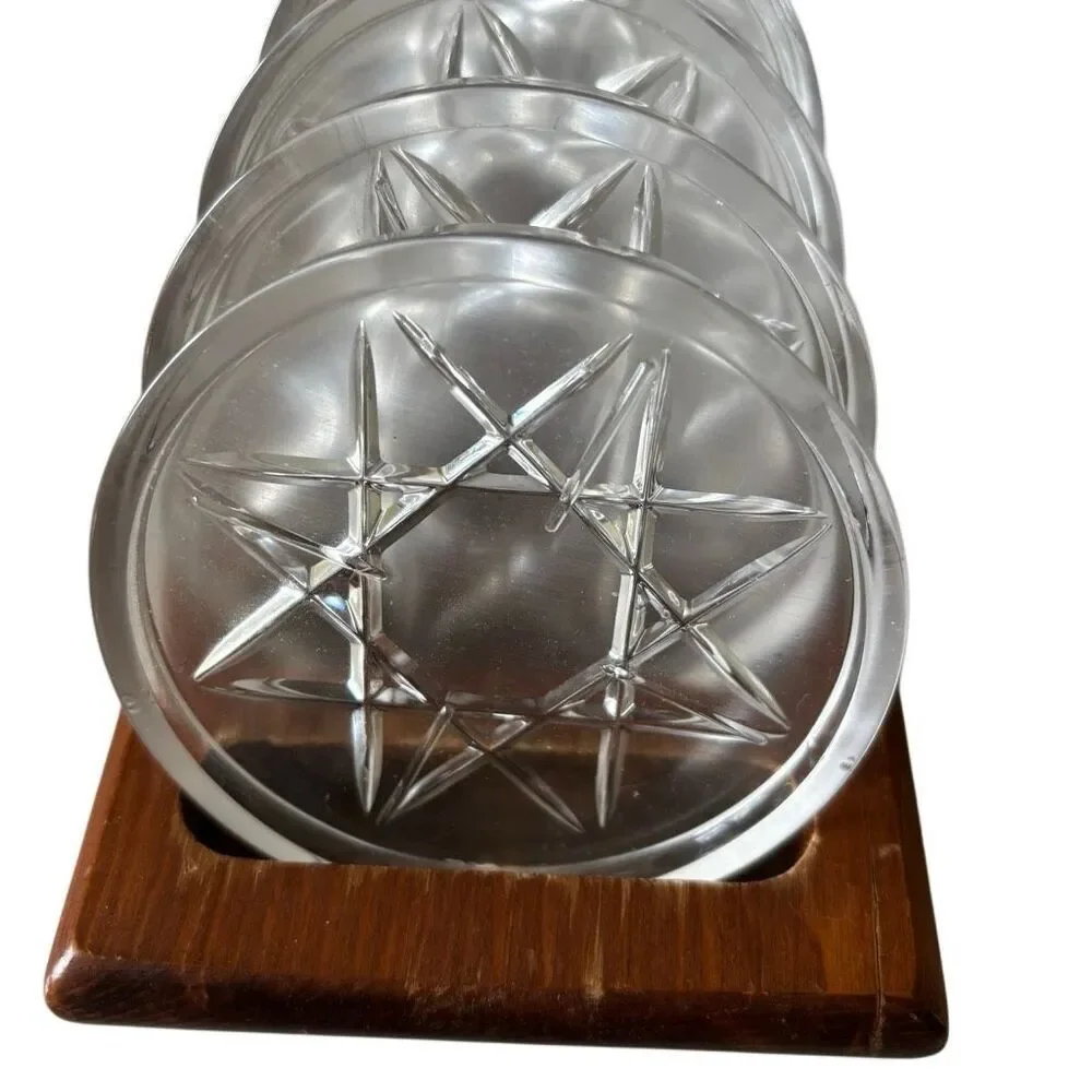 Set Of 6 Vintage Glass Drink Coasters In Wooden Holder